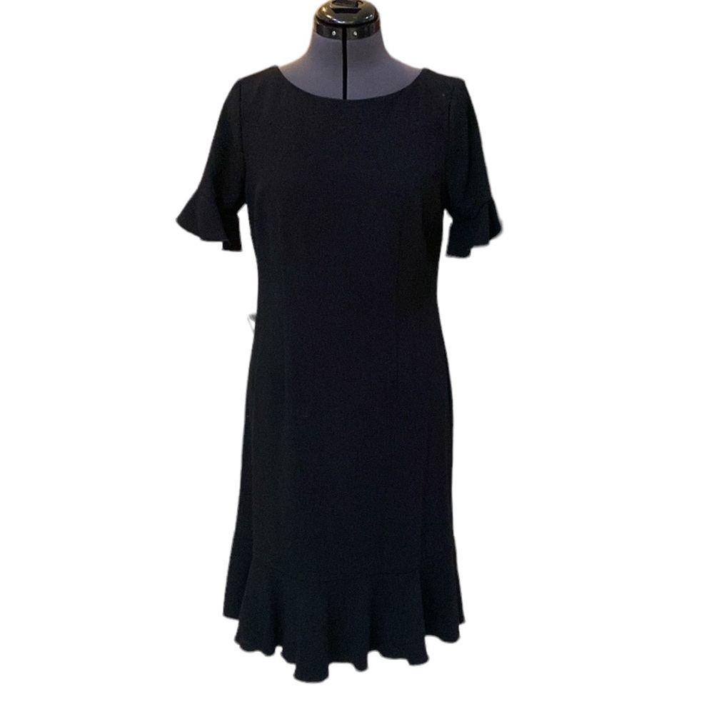 Talbots Black Dress Short Sleeve Flounce Bottom Hem Back Zip Closure Size 2